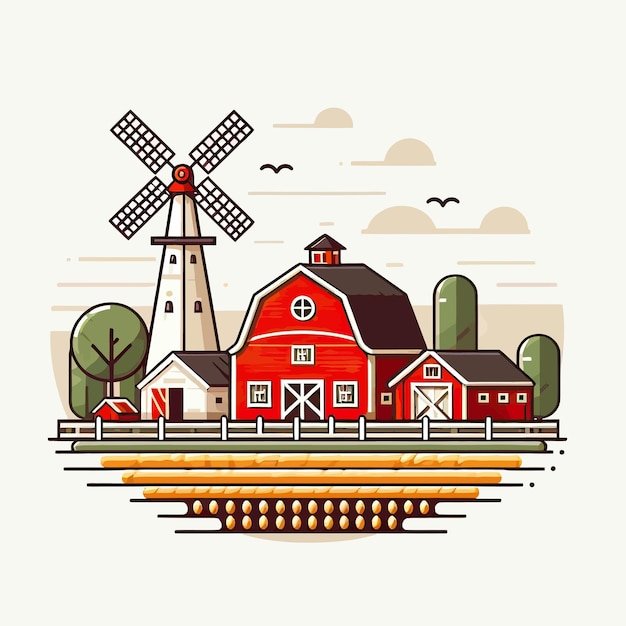 Vector a red barn with a windmill in the background