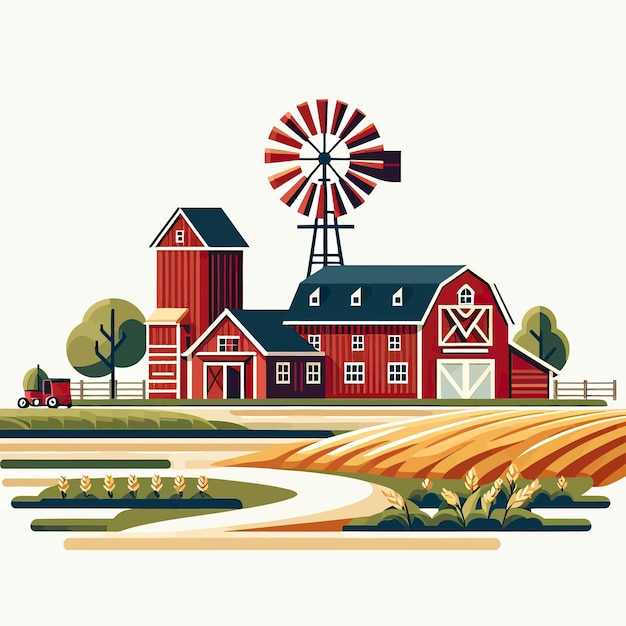 Vector a red barn with a windmill on the top