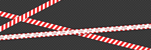Красная баррикадная лента с белыми диагональными полосами и текстом STOP изолированы на прозрачном фоне