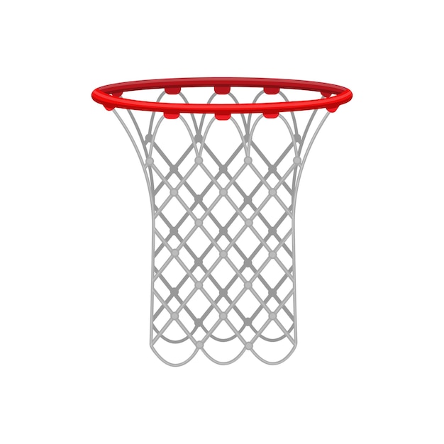 Red basketball hoop with a rope net, for playing basketball. Sports equipment. Vector illustration isolated on a white background.