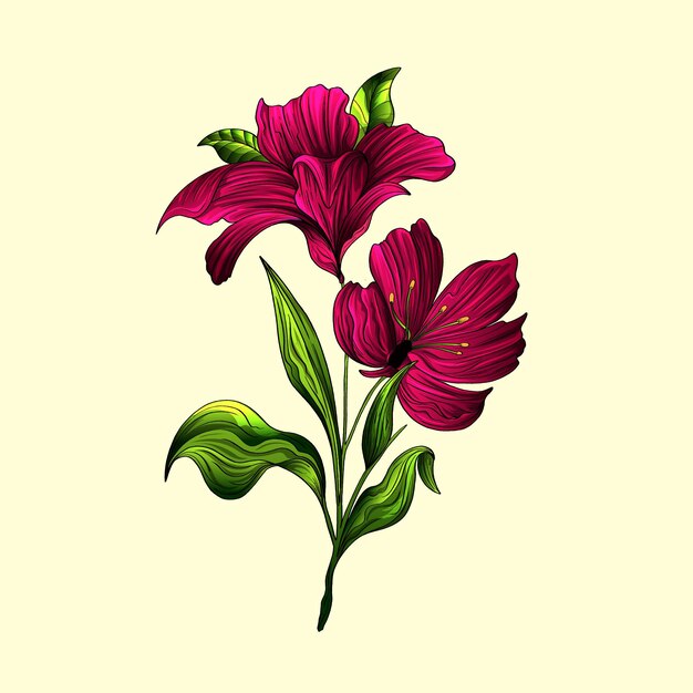 Red Beautiful Lily Flat Vector Lily branch and leaves Floral postcard Wedding elements cartoon