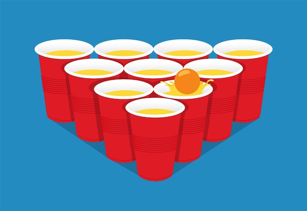 Vector red beer pong illustration plastic cups and ball with splashing beer party drinking game