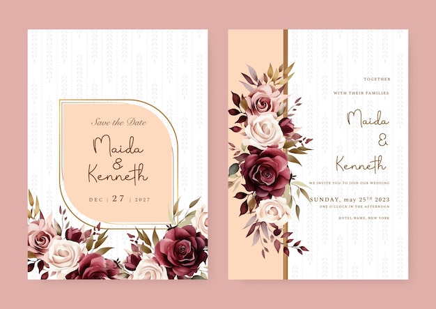 Red and beige rose wedding invitation card template with flower and floral watercolor texture vector