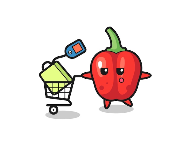 Red bell pepper illustration cartoon with a shopping cart