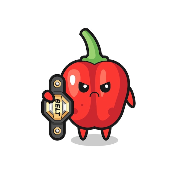 Red bell pepper mascot character as a MMA fighter with the champion belt , cute style design for t shirt, sticker, logo element