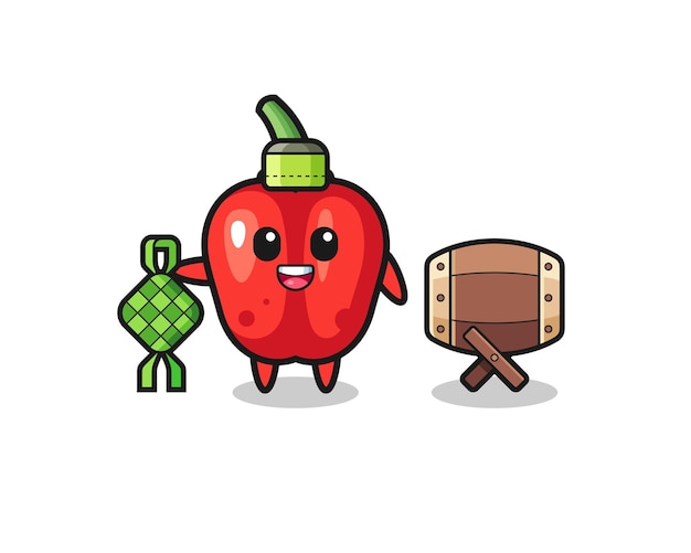 Vector red bell pepper muslim character are celebrating eid al fitr  cute design