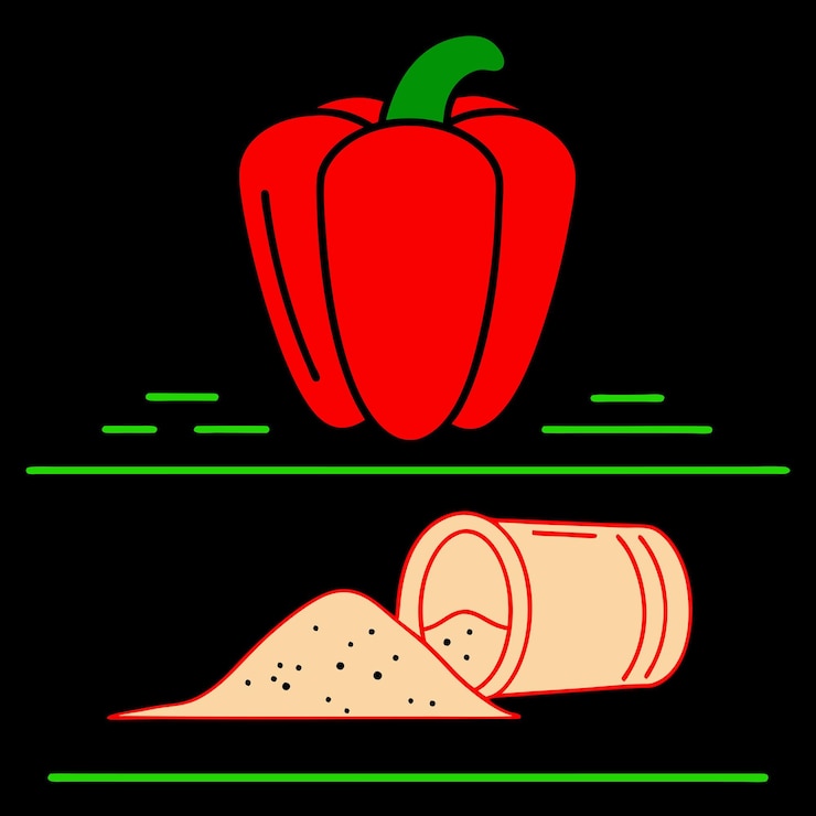 Vector a red bell pepper with paprika powder spilling from a container vector illustration
