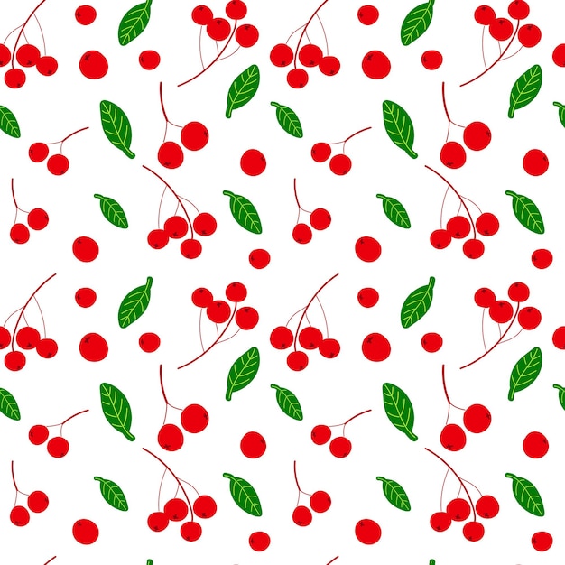 Red berries and green leaves hand drawn seamless pattern