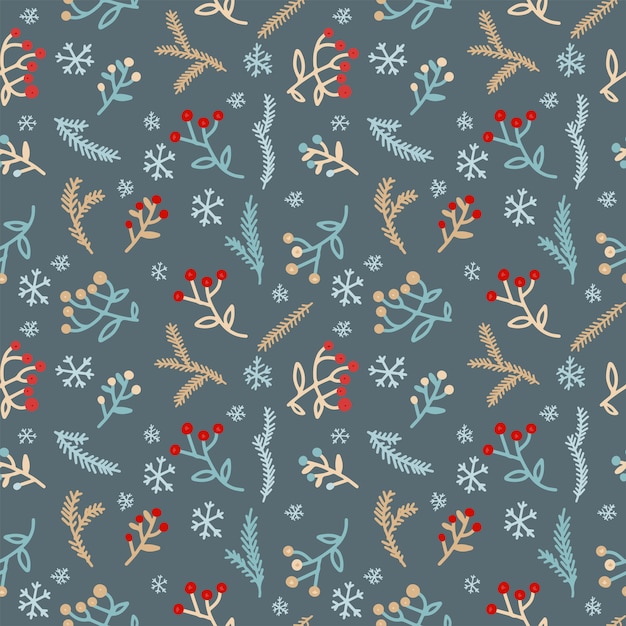 Red berry,snow and christmas pine branches seamless pattern. 