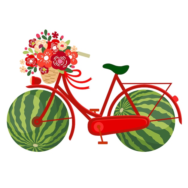 Una bicicletta rossa con un bouquet luminoso e ruote di cocomero vector illustrated clipart