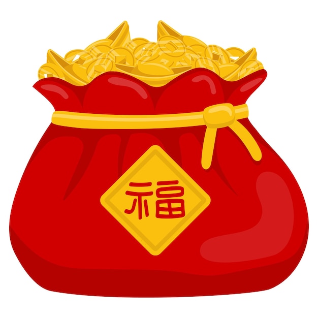 황금 동전과 잉곳이 든 빨간색 큰 중국 행운 가방
