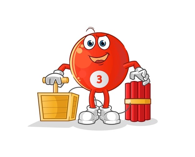 Red billiard ball holding dynamite detonator. cartoon mascot vector