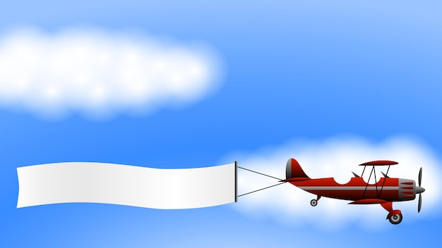 Vector a red biplane plane with an advertising banner on the background of clouds