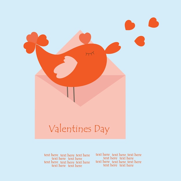 A red bird stands in an envelope and sends out hearts