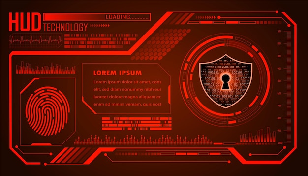 A red and black background with a keyhole and a shield with the text technology.