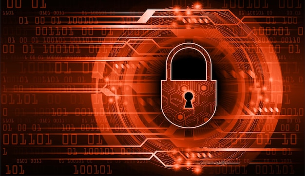 A red and black background with a lock in the center and a digital code in the middle.