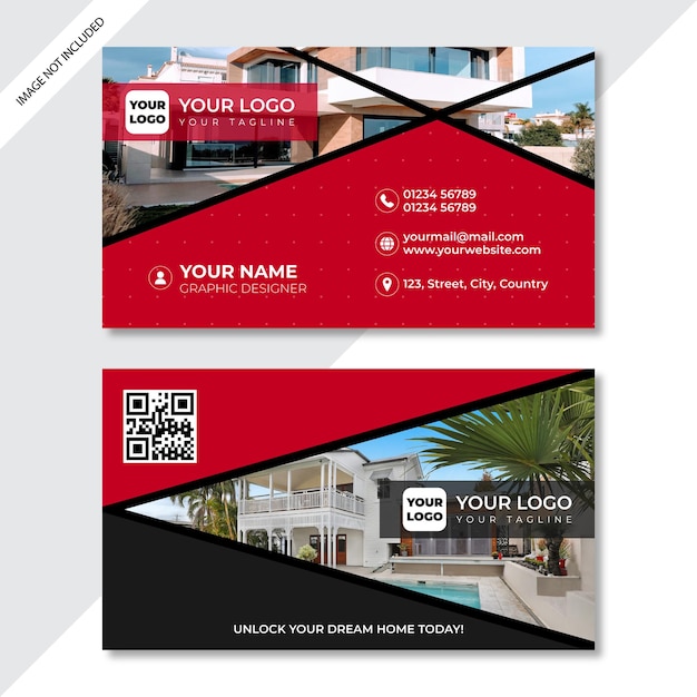 Vector a red and black business card with a logo for a real estate company.