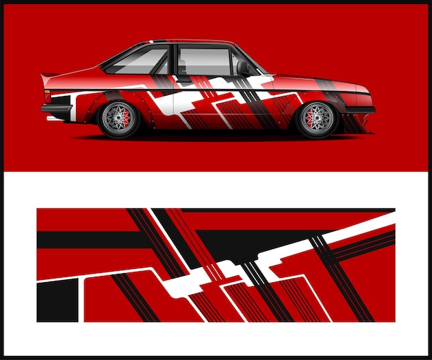 A red and black car wrap advertising