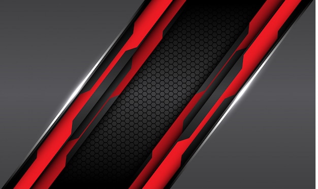 Red black circuit line grey metallic with dark hexagon mesh background.