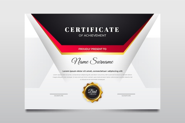 Design del modello di certificato di colore rosso e nero vettore premium