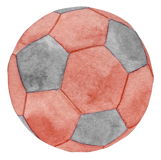 Red and black football soccer ball drawing One single watercolor sport ball