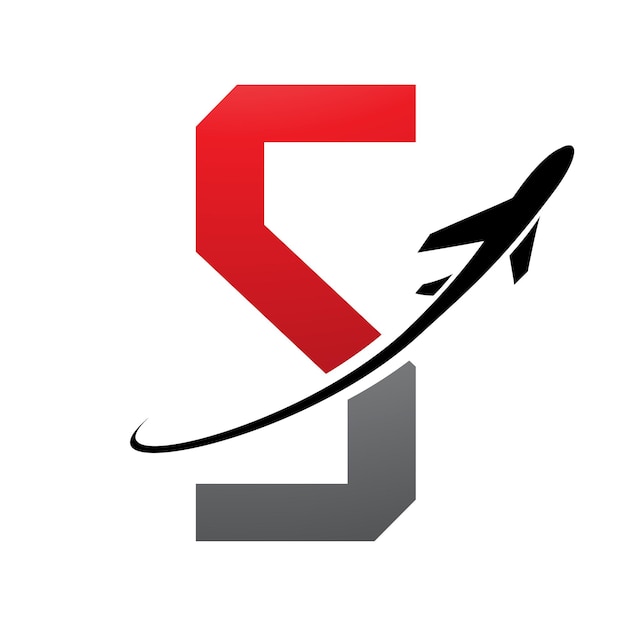 Vector red and black futuristic letter s icon with an airplane on a white background