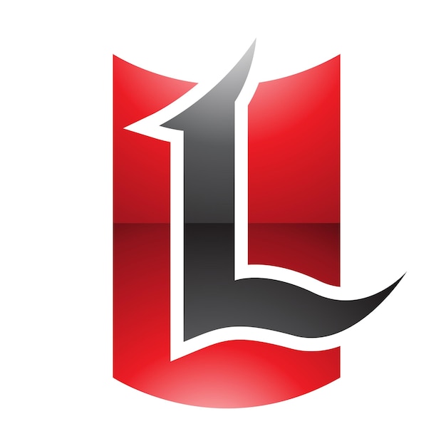 red and black glossy shield shaped letter l icon