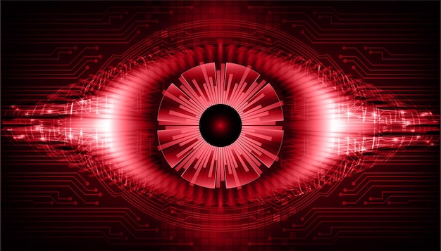 A red and black image of an eye with a circuit board in the background.