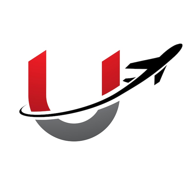 Red and Black Lowercase Letter U Icon with an Airplane on a White Background