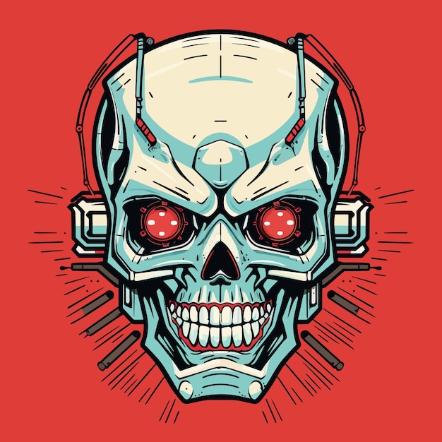 a red and black skull with red eyes and a red background.