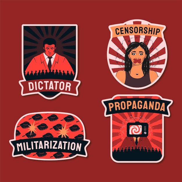 Red and black stickers symbols of dictatorship censorship propaganda and militarization of society