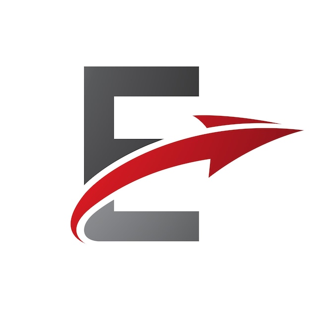 Red and black uppercase letter e icon with an arrow