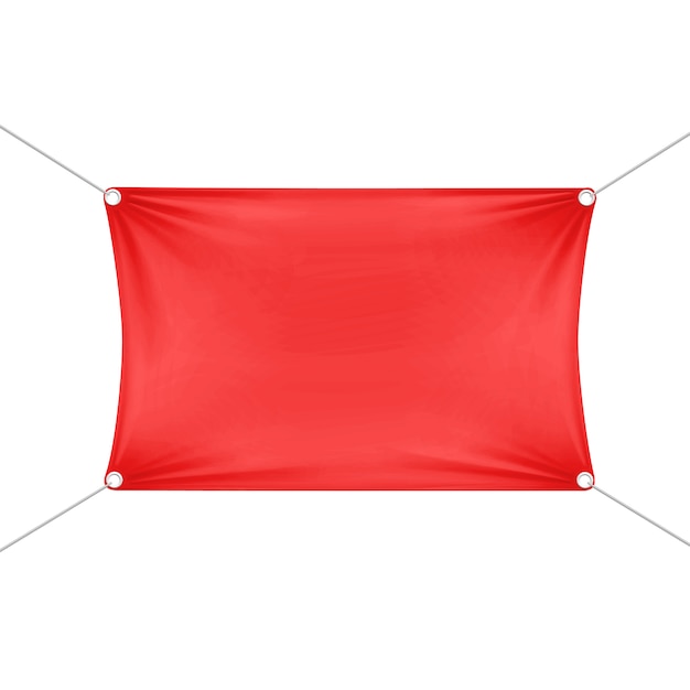 Vector red blank empty horizontal rectangular banner with corners ropes.