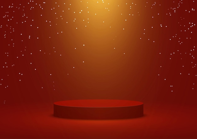 Red blank podium for Christmas product display on abstract Red studio background with snowfall