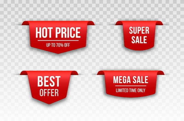 Red blank price label ribbons and sale banners set 3d matted icon with transparent shadow