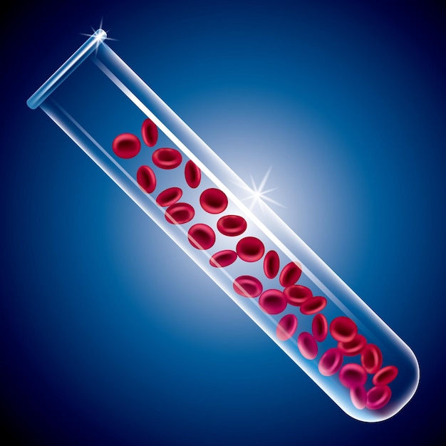 red blood cells in a test tube, background is blue gradient.
