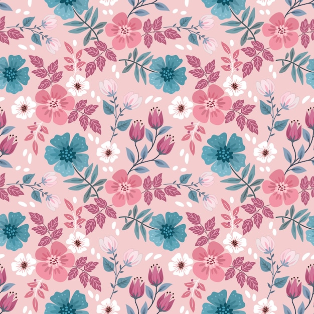 Red and blue blooming flowers design seamless pattern  