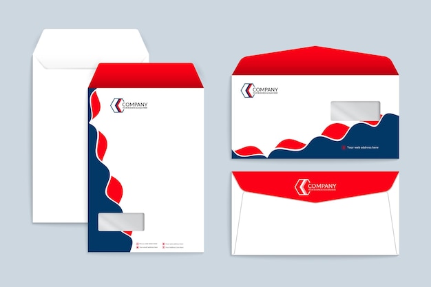 Red and blue color wave style envelope template set