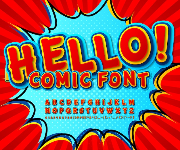 Vector red and blue comics font. cartoonish funny alphabet in pop art style