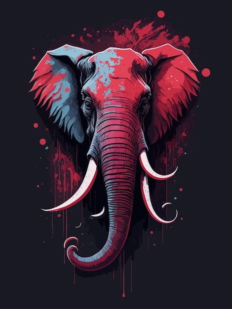 A red and blue elephant with a red trunk and white tusks.