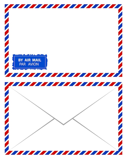 A red and blue envelope with a blue stamp that says air mail far av.