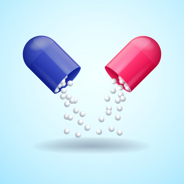 Vettore capsula pillola medica piena rossa e blu con molecole