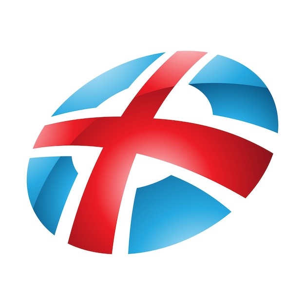 red and blue glossy round shaped letter x icon on a white background