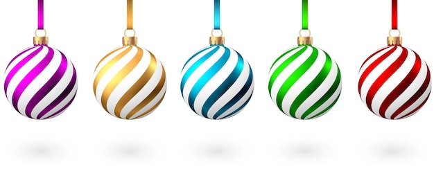 Red blue green golden purple  Christmas  balls  with pattern  isolated on white background