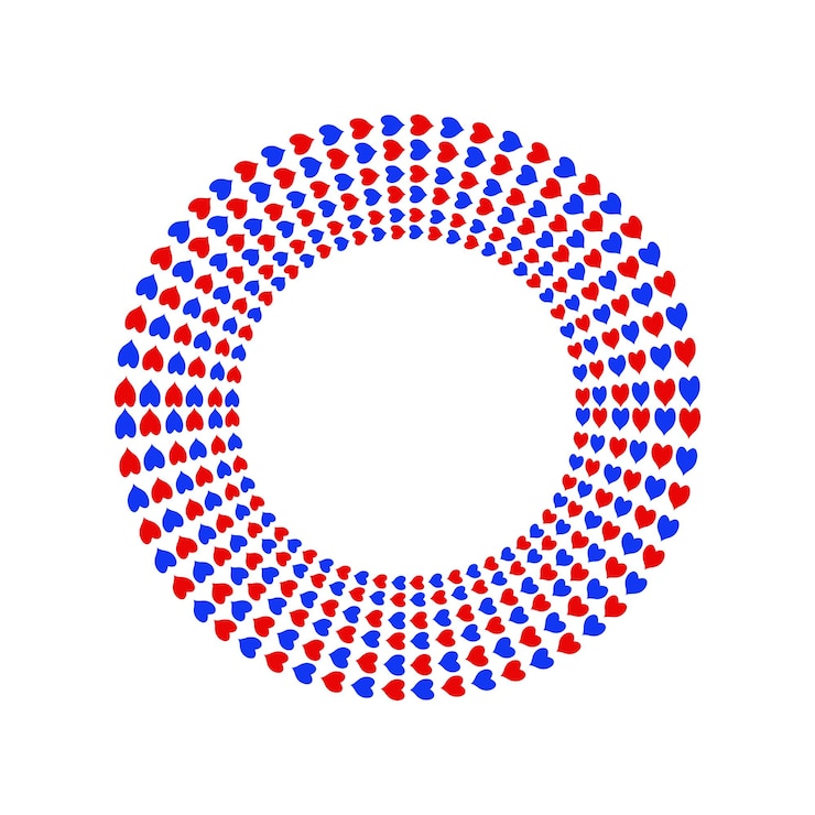 Vector red and blue hearts disco circles. disco hearts round.