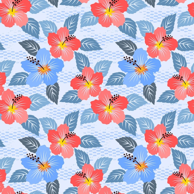 Red and blue hibicus flowers with leaf seamless pattern