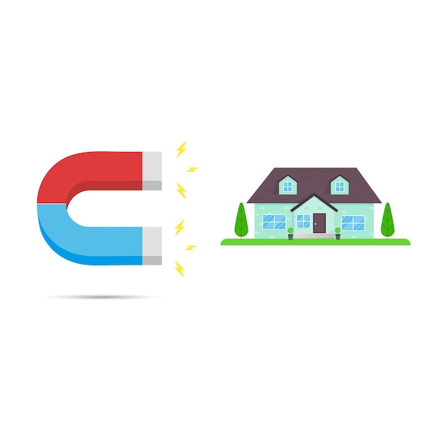 Красный и синий магнитный магнитный значок привлекает дом Концепция недвижимости плоский стиль дизайна вектор