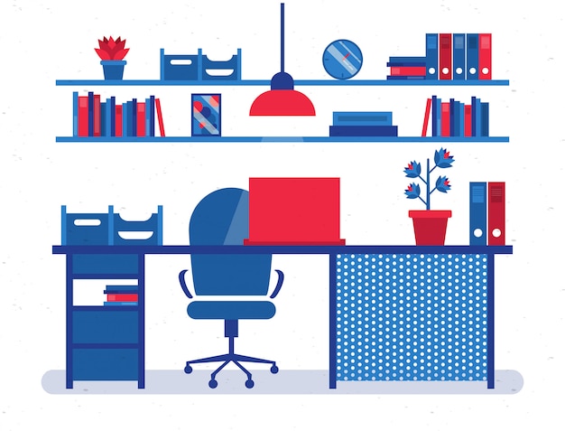 Illustrazione di scrivania ufficio rosso e blu-lat