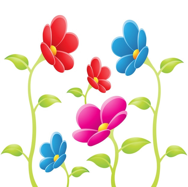 Vector red blue and magenta flowers with leaves