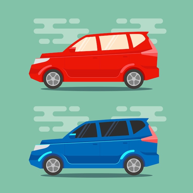 Vettore minivan rossi e blu in stile colore piatto
